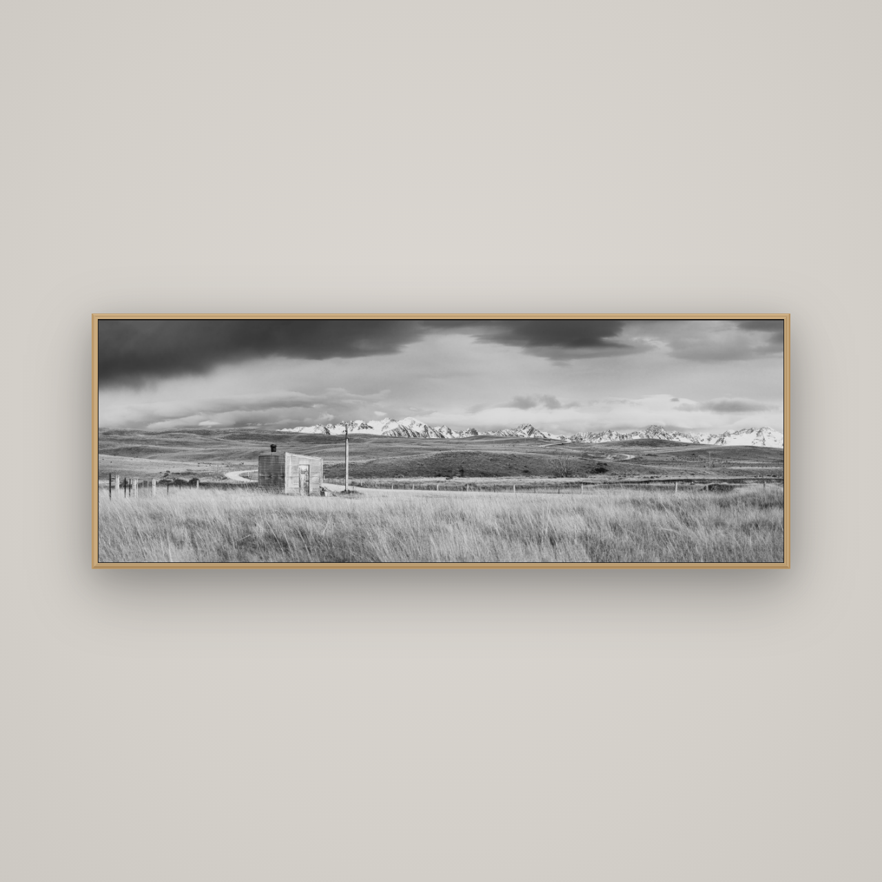 Mountain Retreat, Lake Tekapo, Basel Natural Oak, 170×60 cm. New Zealand fine art wall art by Stephen Milner.