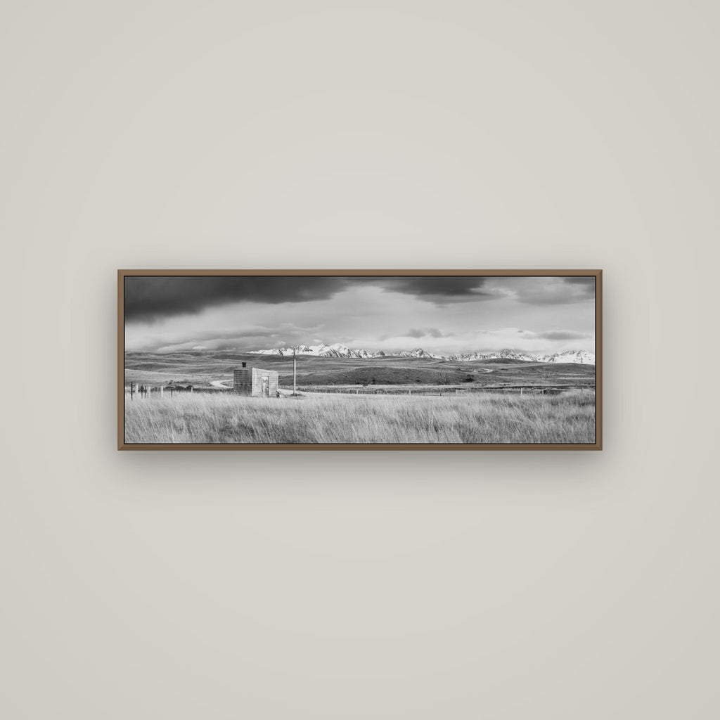 Mountain Retreat, Lake Tekapo, Basel Walnut, 113×40 cm. New Zealand fine art wall art by Stephen Milner.