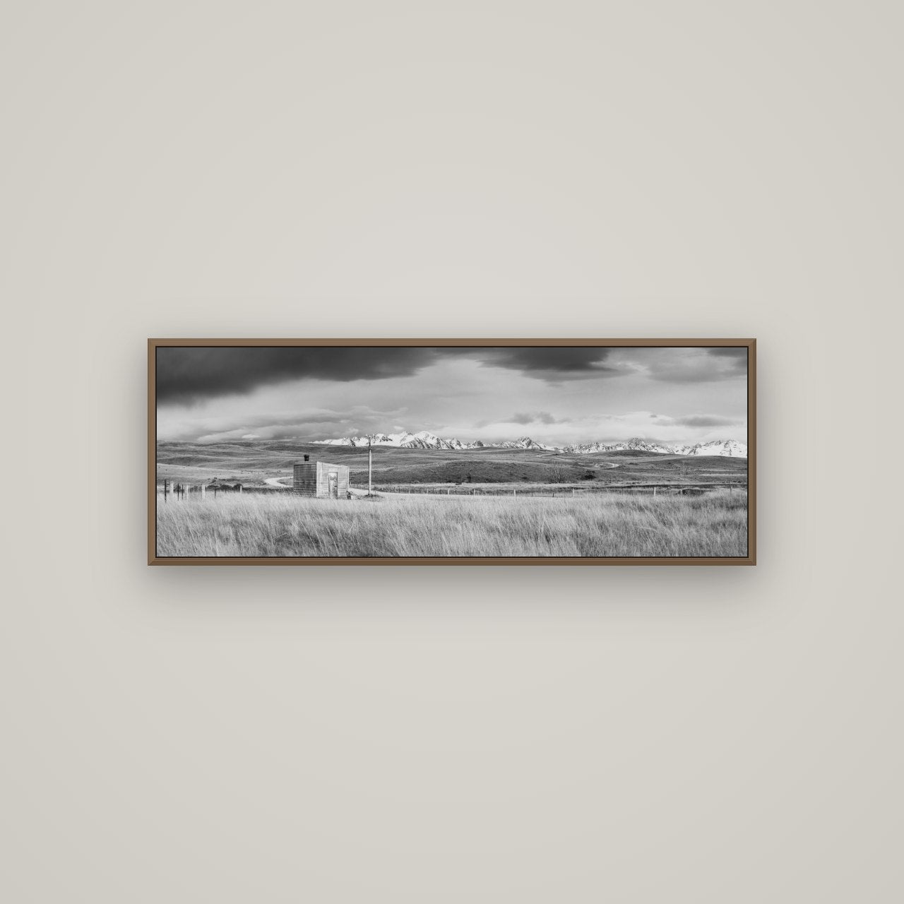 Mountain Retreat, Lake Tekapo, Basel Walnut, 113×40 cm. New Zealand fine art wall art by Stephen Milner.