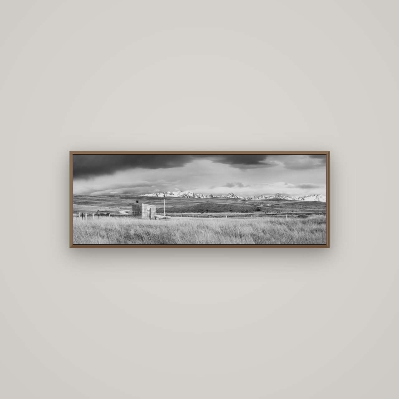 Mountain Retreat, Lake Tekapo, Basel Walnut, 113×40 cm. New Zealand fine art wall art by Stephen Milner.