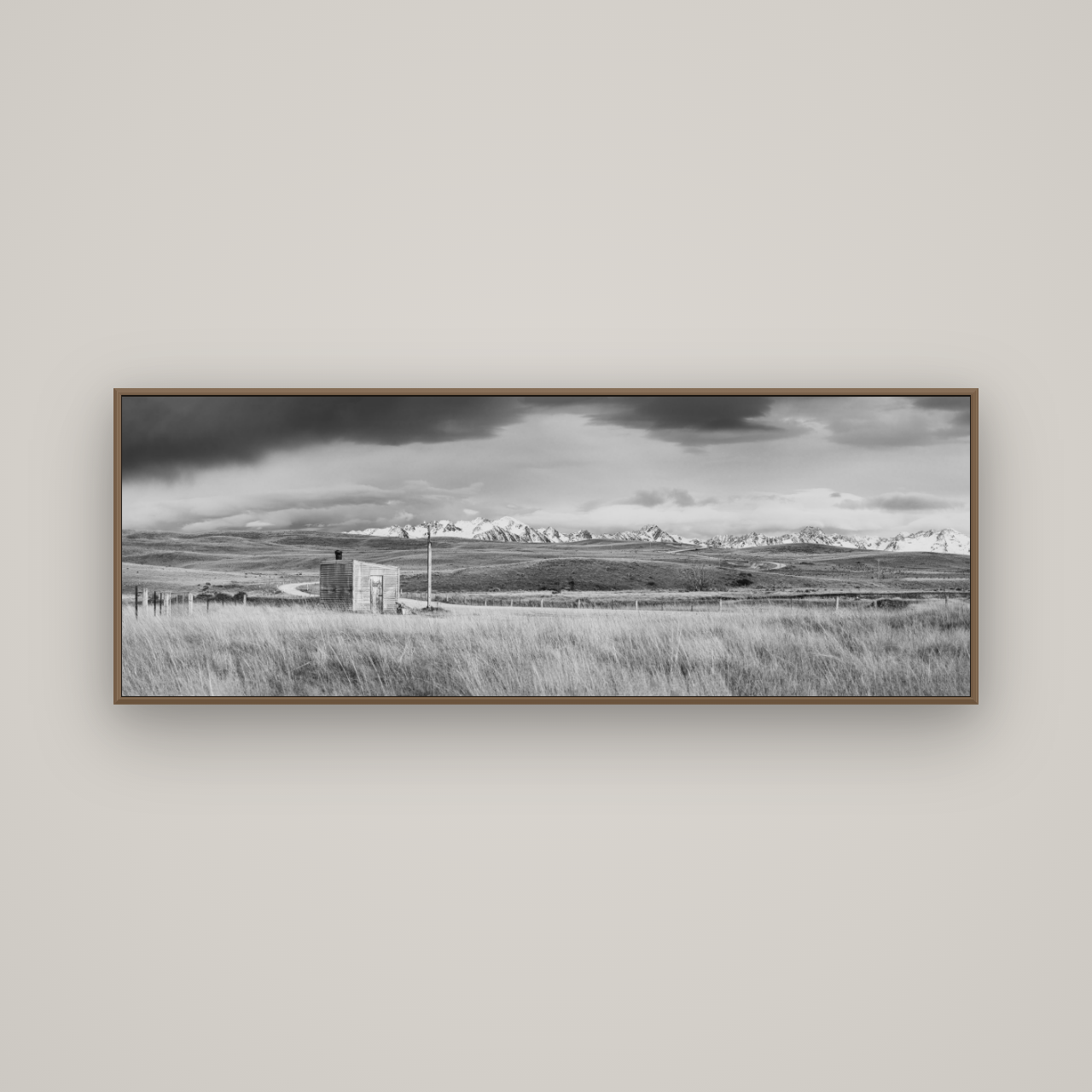 Mountain Retreat, Lake Tekapo, Basel Walnut, 170×60 cm. New Zealand fine art wall art by Stephen Milner.