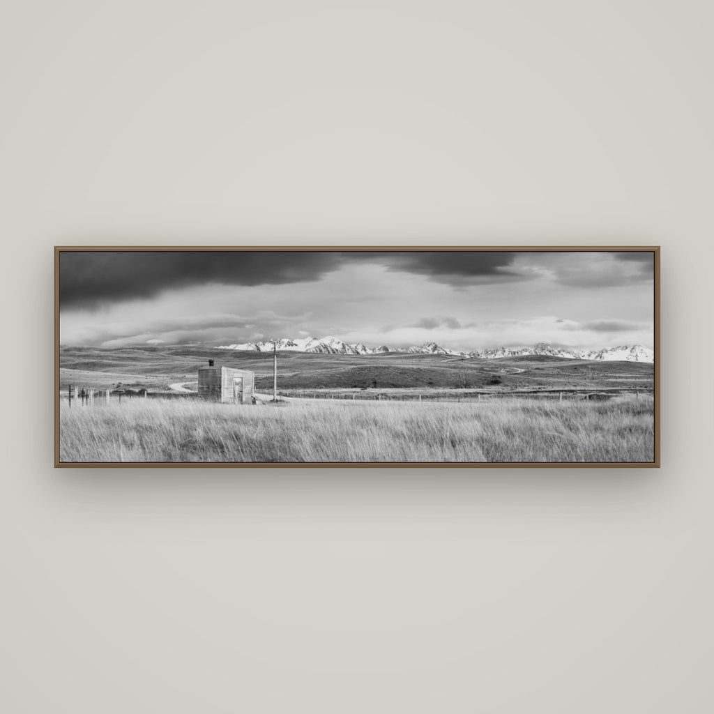 Mountain Retreat, Lake Tekapo, Basel Walnut, 170×60 cm. New Zealand fine art wall art by Stephen Milner.