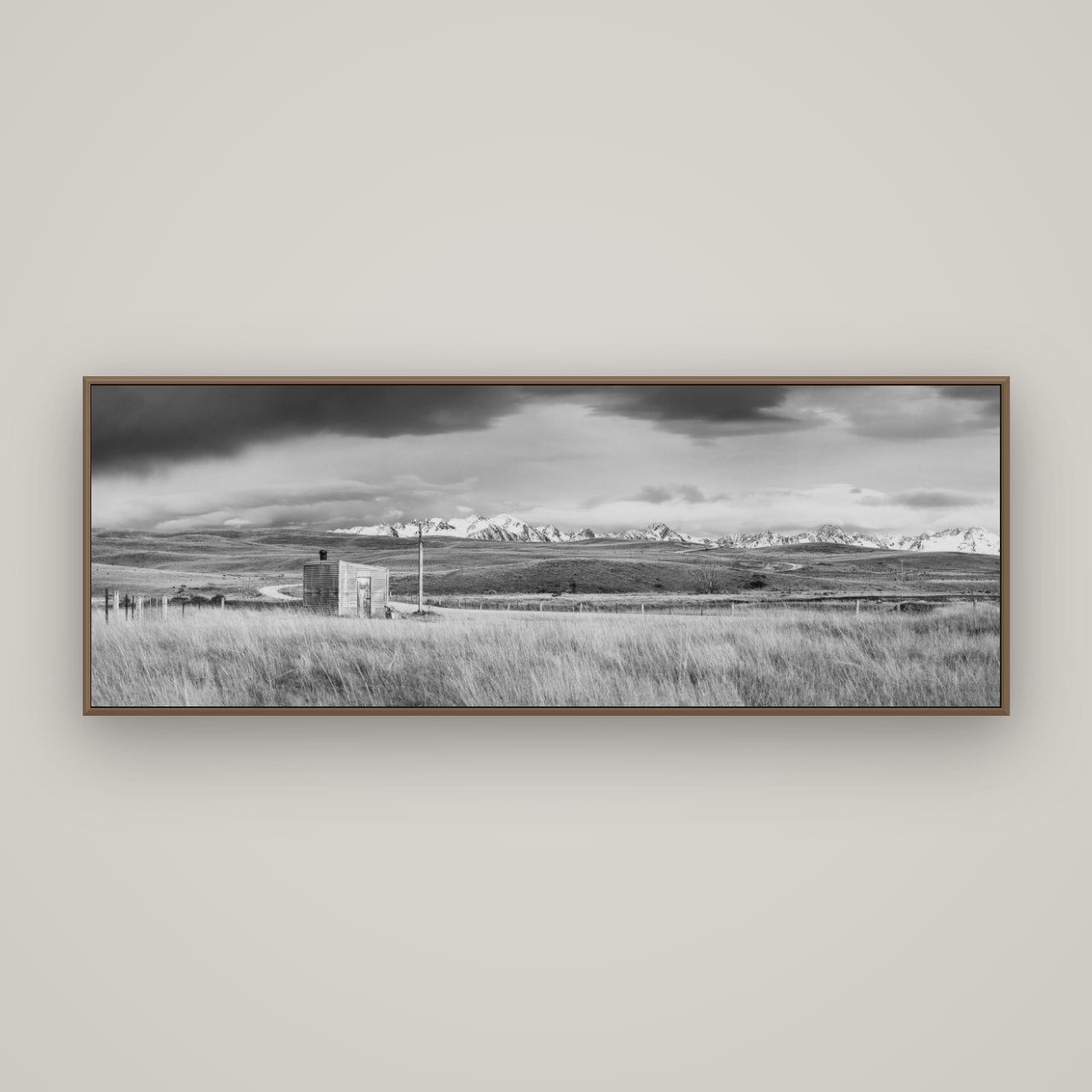 Mountain Retreat, Lake Tekapo, Basel Walnut, 170×60 cm. New Zealand fine art wall art by Stephen Milner.