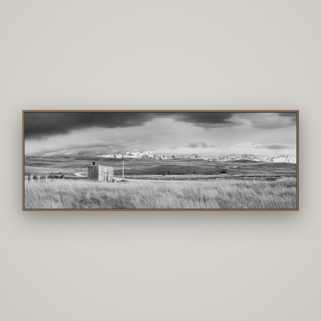 Mountain Retreat, Lake Tekapo, Basel Walnut, 198×70 cm. New Zealand fine art wall art by Stephen Milner.