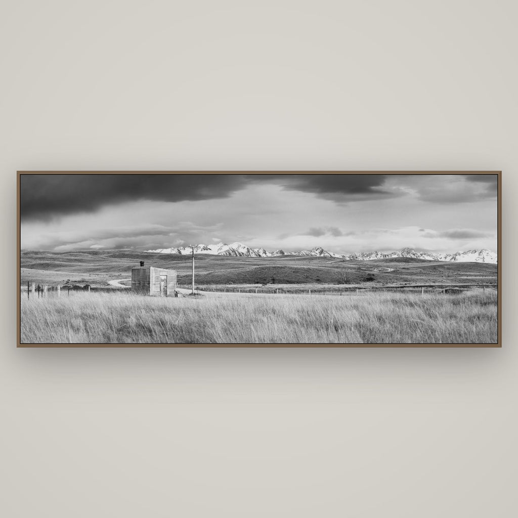 Mountain Retreat, Lake Tekapo, Basel Walnut, 198×70 cm. New Zealand fine art wall art by Stephen Milner.