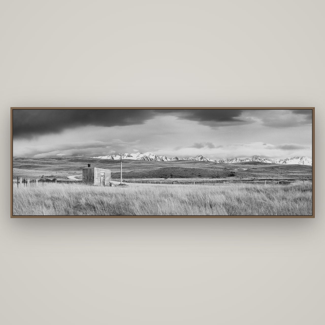 Mountain Retreat, Lake Tekapo, Basel Walnut, 198×70 cm. New Zealand fine art wall art by Stephen Milner.