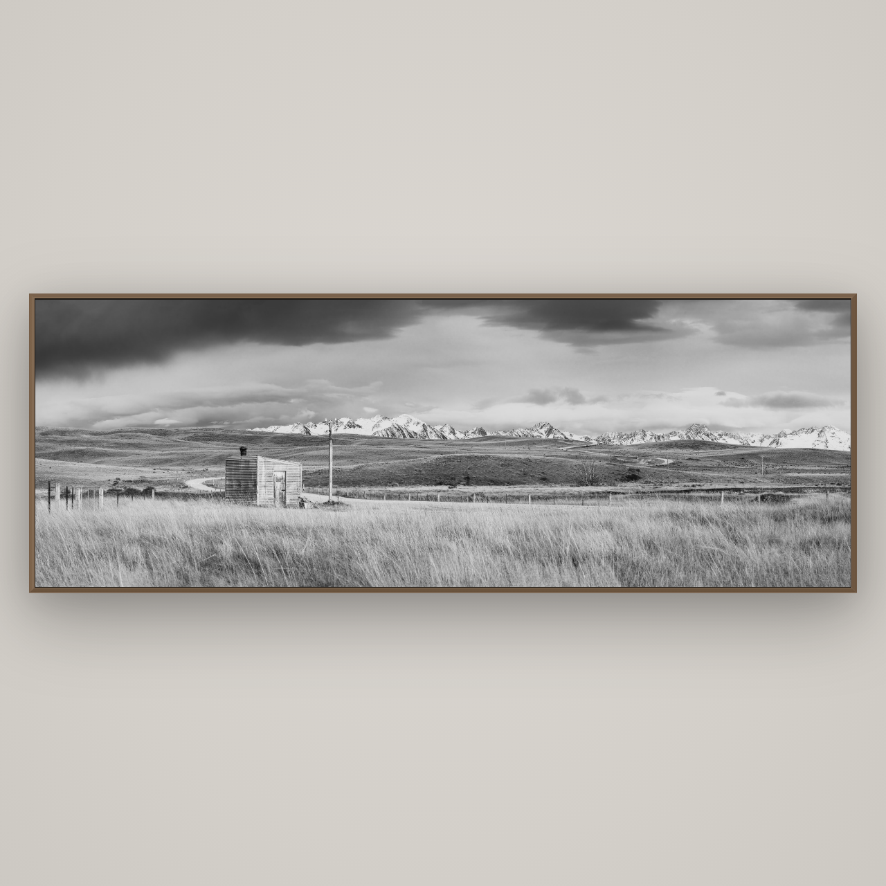 Mountain Retreat, Lake Tekapo, Basel Walnut, 227×80 cm. New Zealand fine art wall art by Stephen Milner.