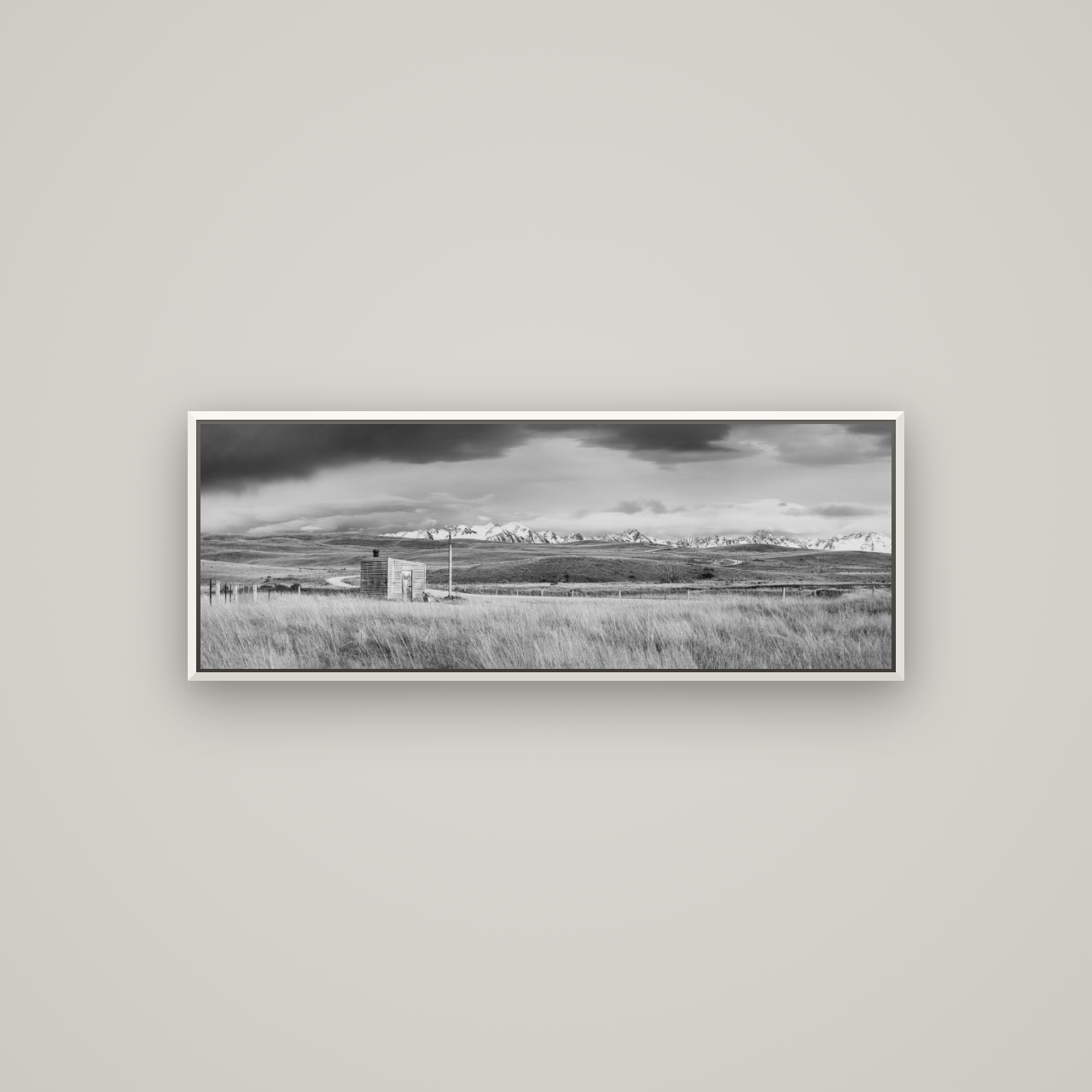 Mountain Retreat, Lake Tekapo — Basel White, 113×40 cm. New Zealand fine art wall art by Stephen Milner.