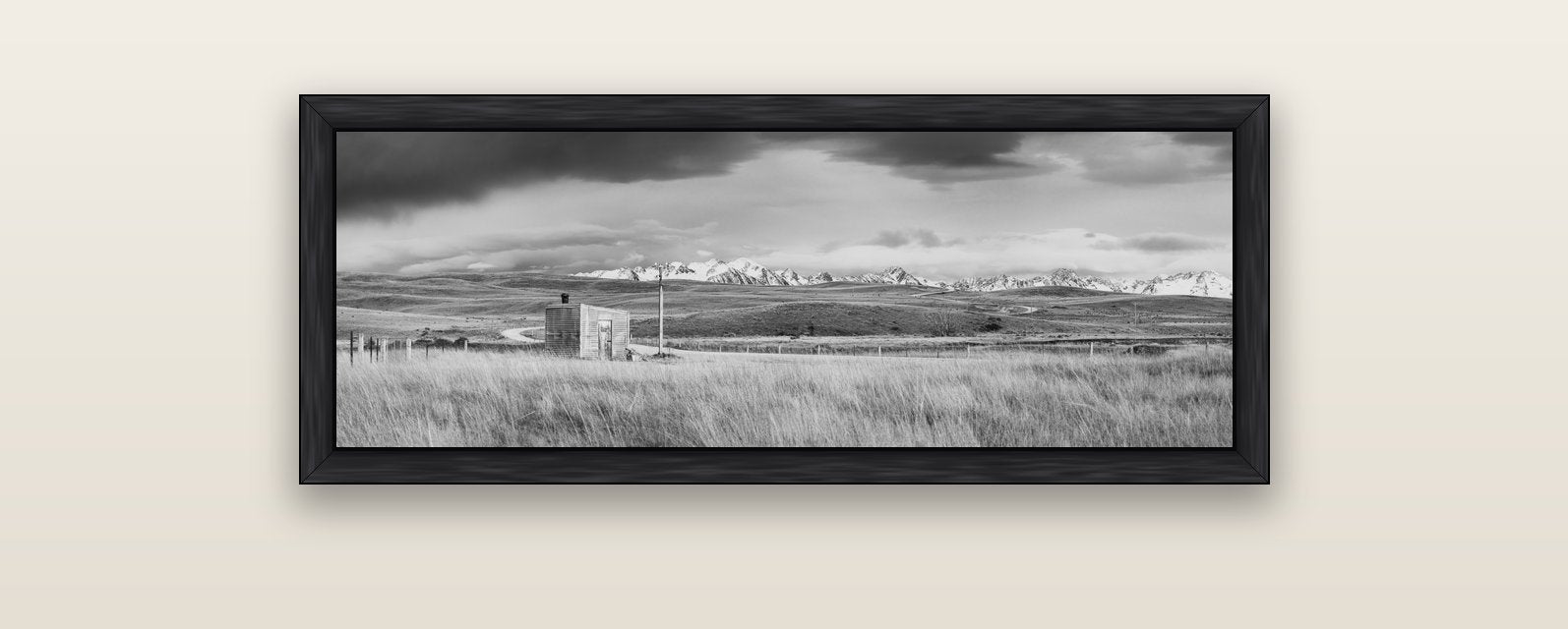 Mountain Retreat, Lake Tekapo — black float frame canvas, 102 × 36 cm. New Zealand fine art landscape wall art by Stephen Milner.