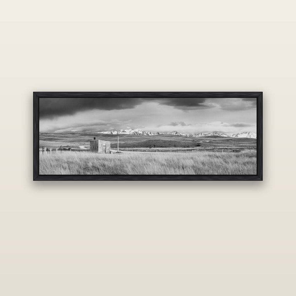 Mountain Retreat, Lake Tekapo — black float frame canvas, 152 × 56 cm. New Zealand fine art landscape wall art by Stephen Milner.