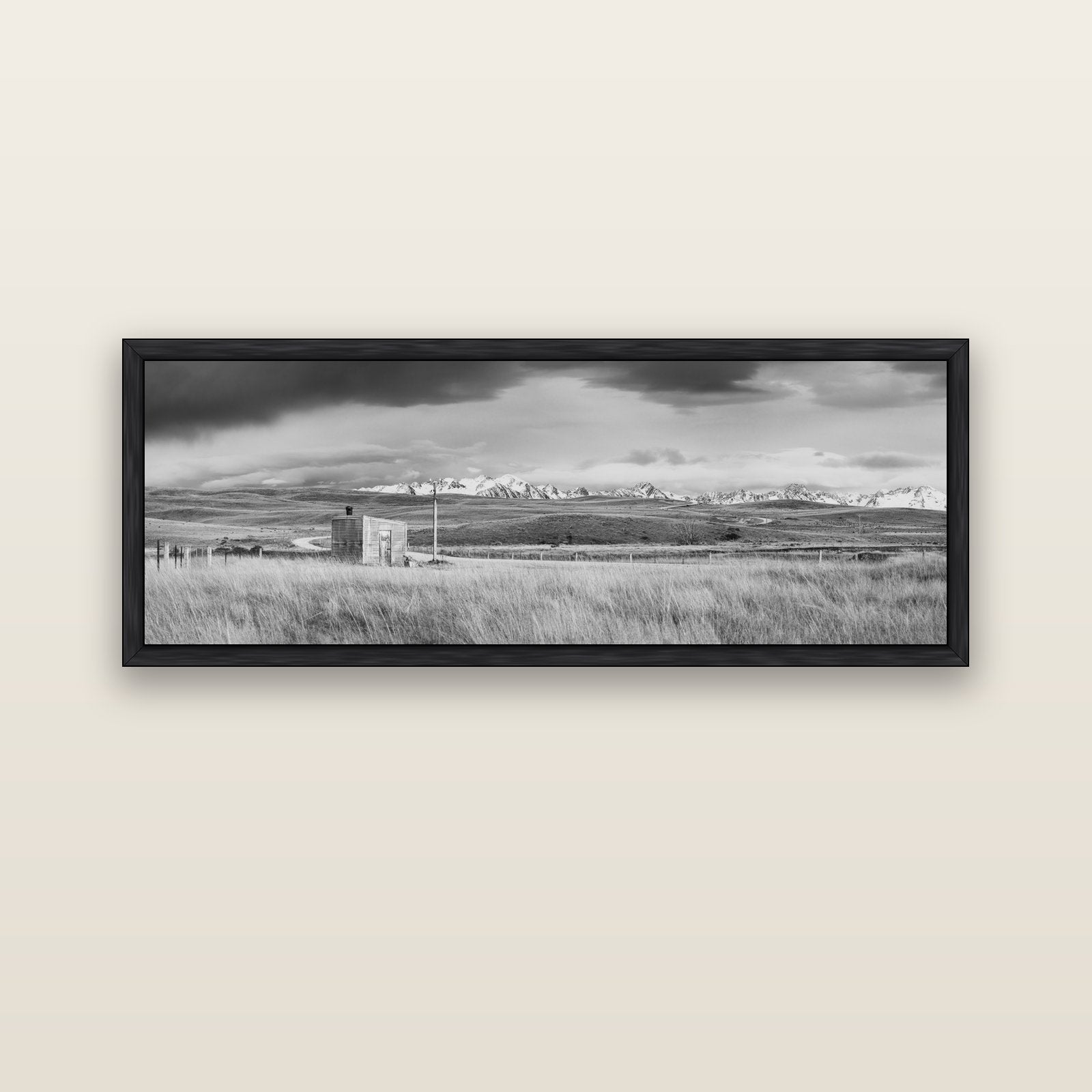 Mountain Retreat, Lake Tekapo — black float frame canvas, 152 × 56 cm. New Zealand fine art landscape wall art by Stephen Milner.