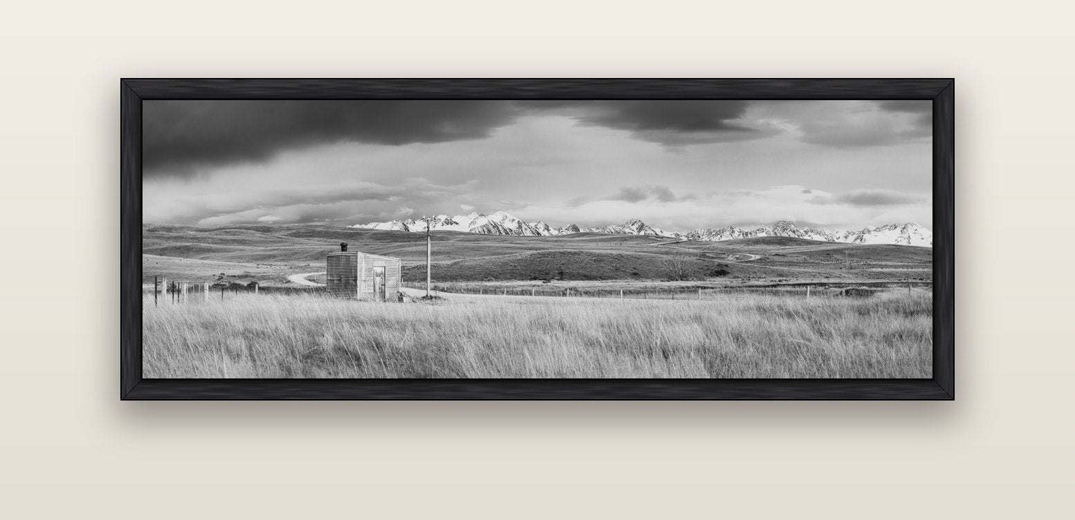 Mountain Retreat, Lake Tekapo — black float frame canvas, 152 × 56 cm. New Zealand fine art landscape wall art by Stephen Milner.