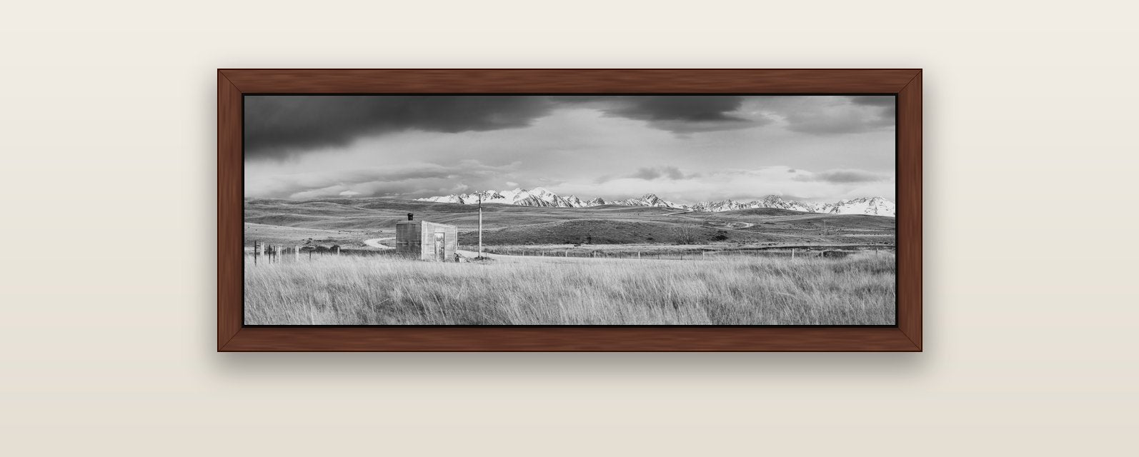 Mountain Retreat, Lake Tekapo — brown float frame canvas, 102 × 36 cm. New Zealand fine art landscape wall art by Stephen Milner.