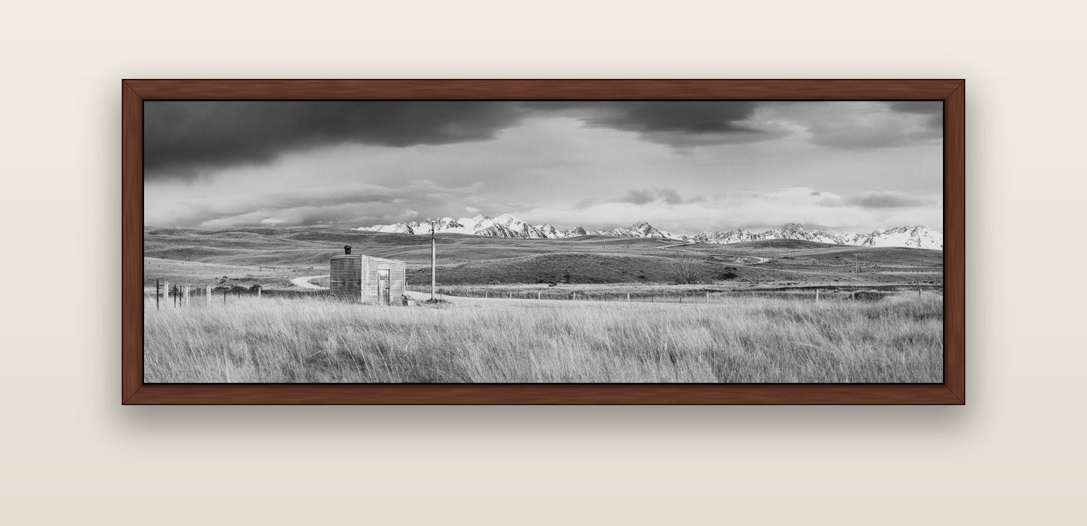 Mountain Retreat, Lake Tekapo — brown float frame canvas, 152 × 56 cm. New Zealand fine art landscape wall art by Stephen Milner.