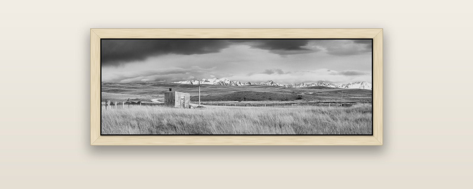 Mountain Retreat, Lake Tekapo — natural float frame canvas, 102 × 36 cm. New Zealand fine art landscape wall art by Stephen Milner.