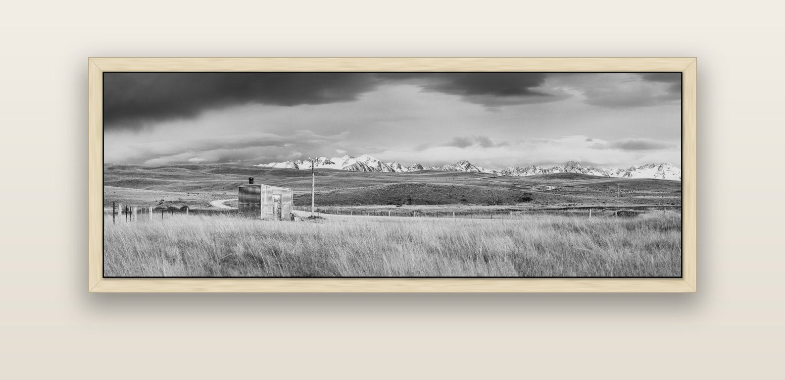 Mountain Retreat, Lake Tekapo — natural float frame canvas, 152 × 56 cm. New Zealand fine art landscape wall art by Stephen Milner.