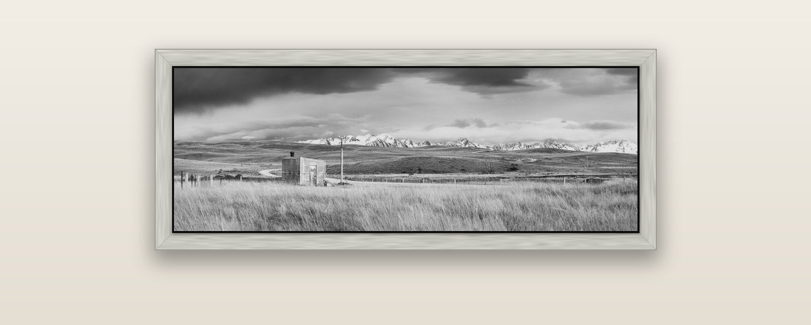 Mountain Retreat, Lake Tekapo — silver float frame canvas, 102 × 36 cm. New Zealand fine art landscape wall art by Stephen Milner.