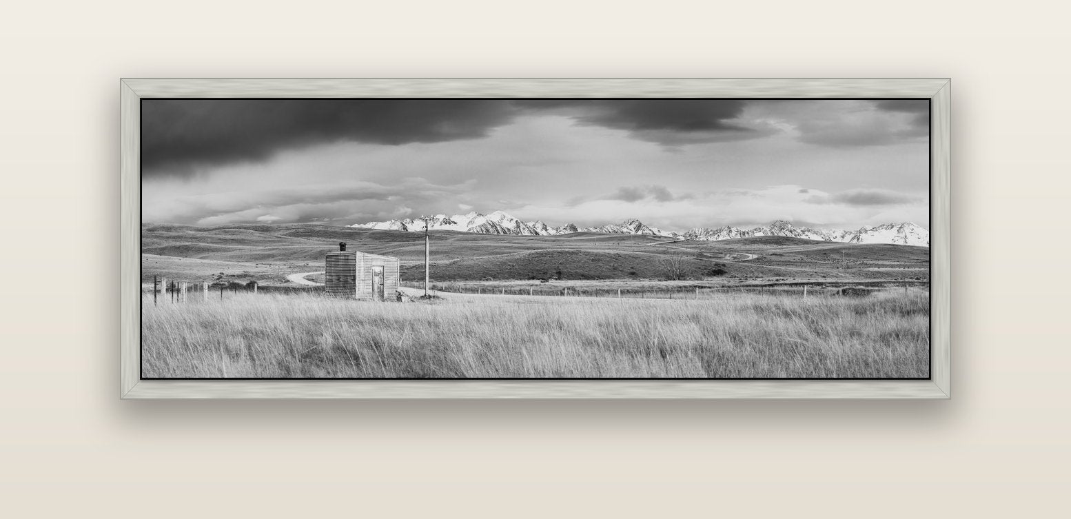 Mountain Retreat, Lake Tekapo — silver float frame canvas, 152 × 56 cm. New Zealand fine art landscape wall art by Stephen Milner.