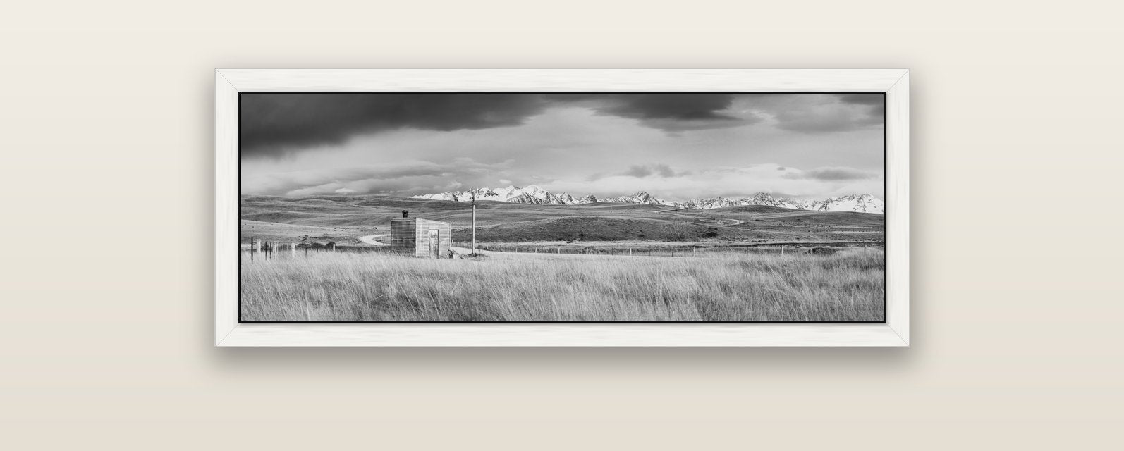 Mountain Retreat, Lake Tekapo — white float frame canvas, 102 × 36 cm. New Zealand fine art landscape wall art by Stephen Milner.