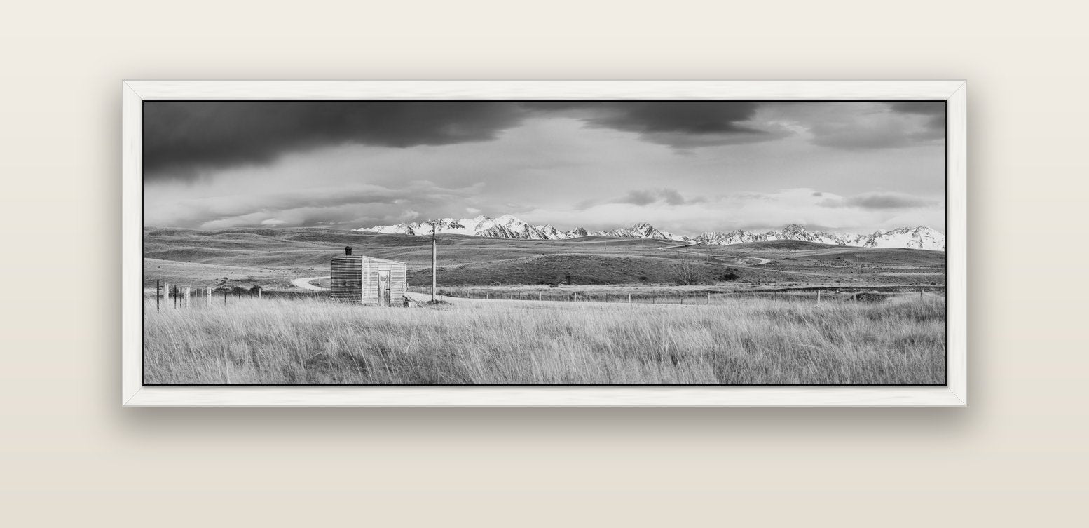 Mountain Retreat, Lake Tekapo — white float frame canvas, 152 × 56 cm. New Zealand fine art landscape wall art by Stephen Milner.