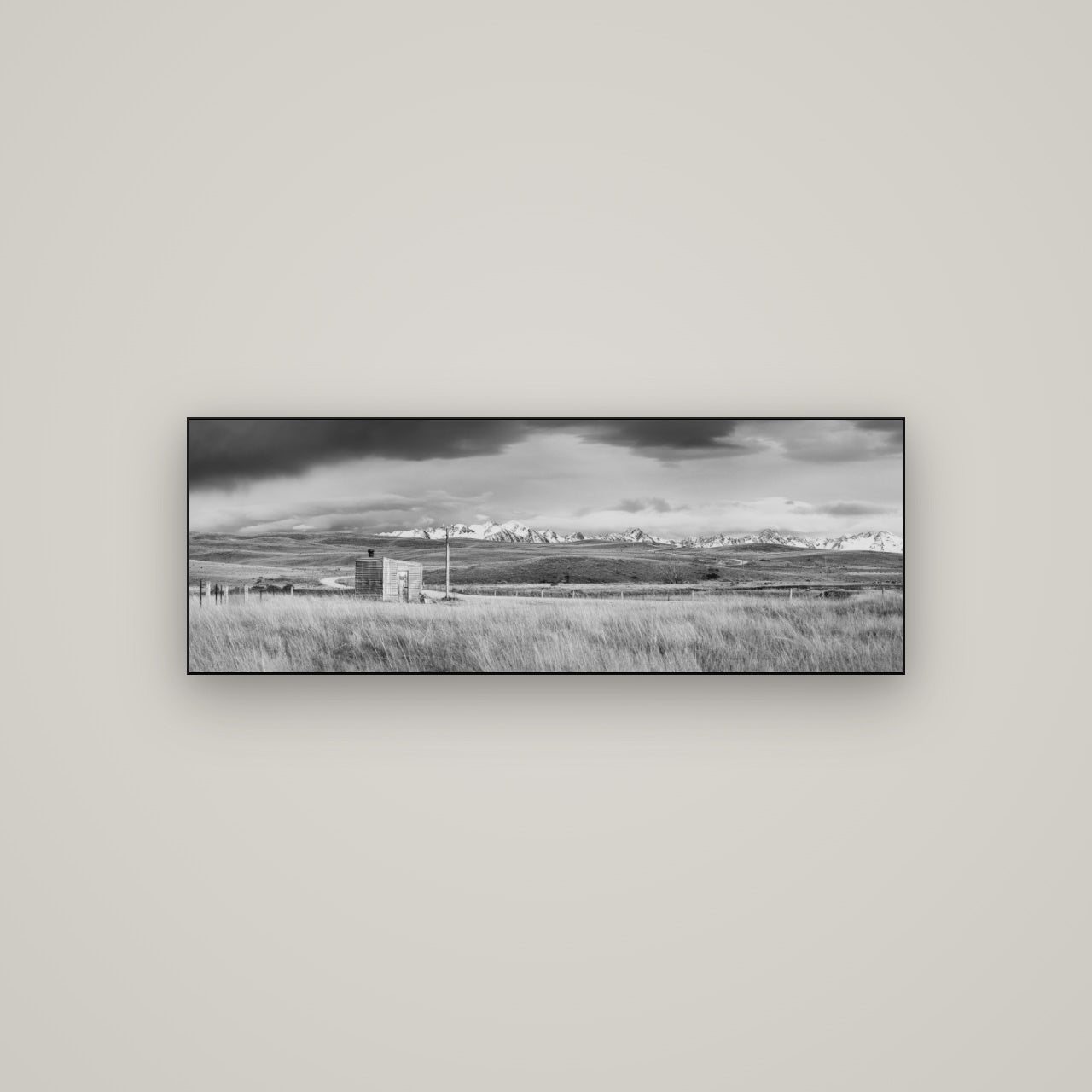 Mountain Retreat, Lake Tekapo — Slimline Black, 113×40 cm. New Zealand fine art wall art by Stephen Milner.