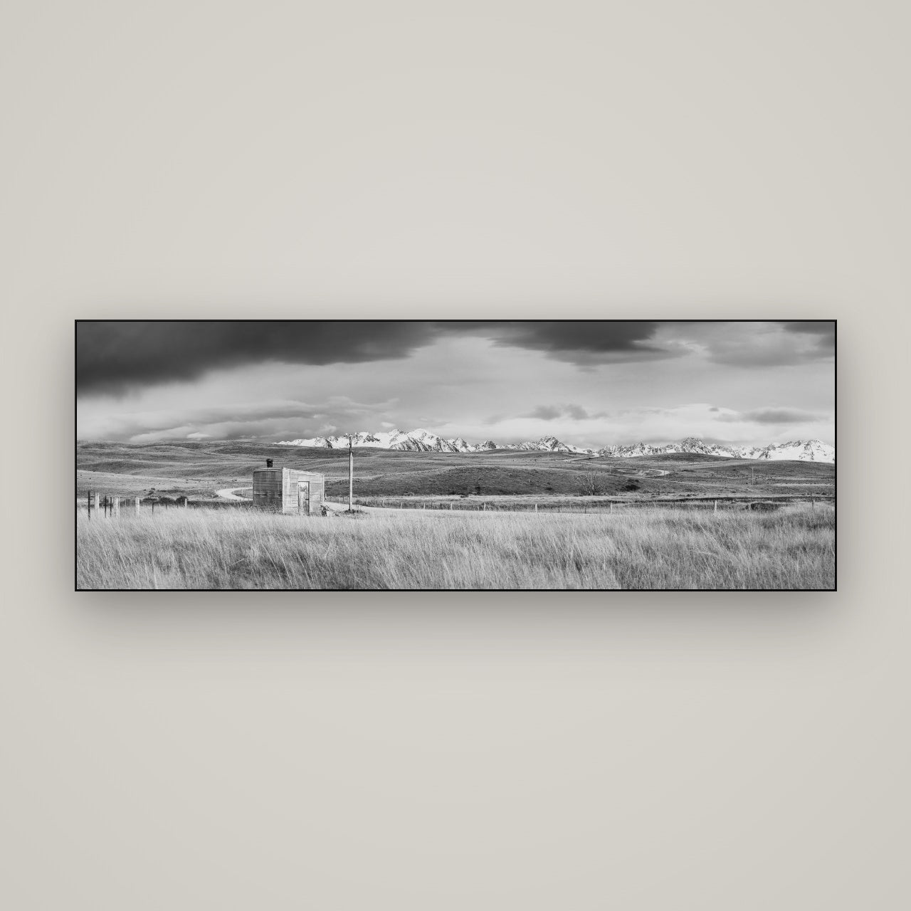 Mountain Retreat, Lake Tekapo — Slimline Black, 170×60 cm. New Zealand fine art wall art by Stephen Milner.