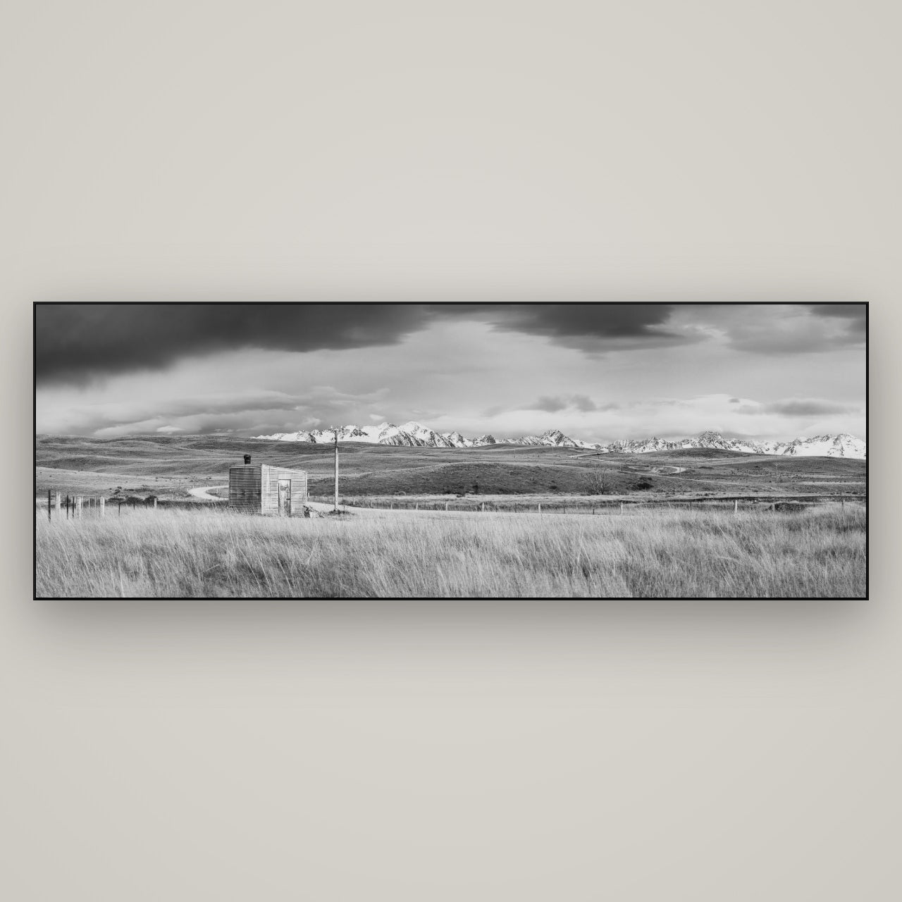 Mountain Retreat, Lake Tekapo — Slimline Black, 198×70 cm. New Zealand fine art wall art by Stephen Milner.