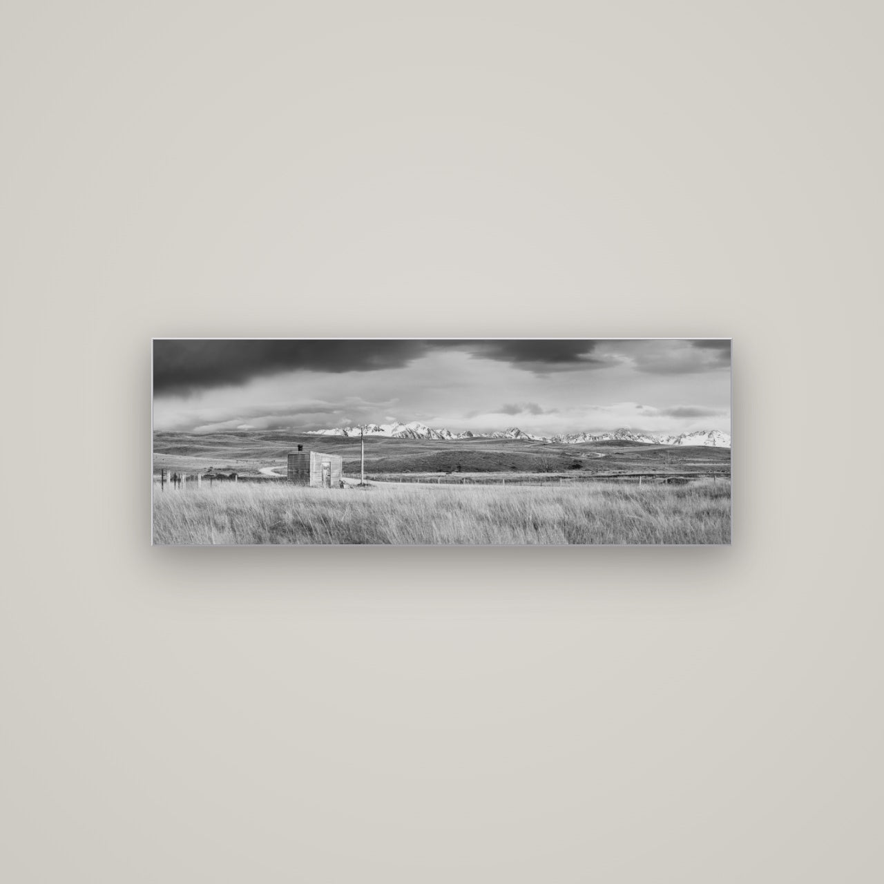 Mountain Retreat, Lake Tekapo — Slimline Silver, 113×40 cm. New Zealand fine art wall art by Stephen Milner.