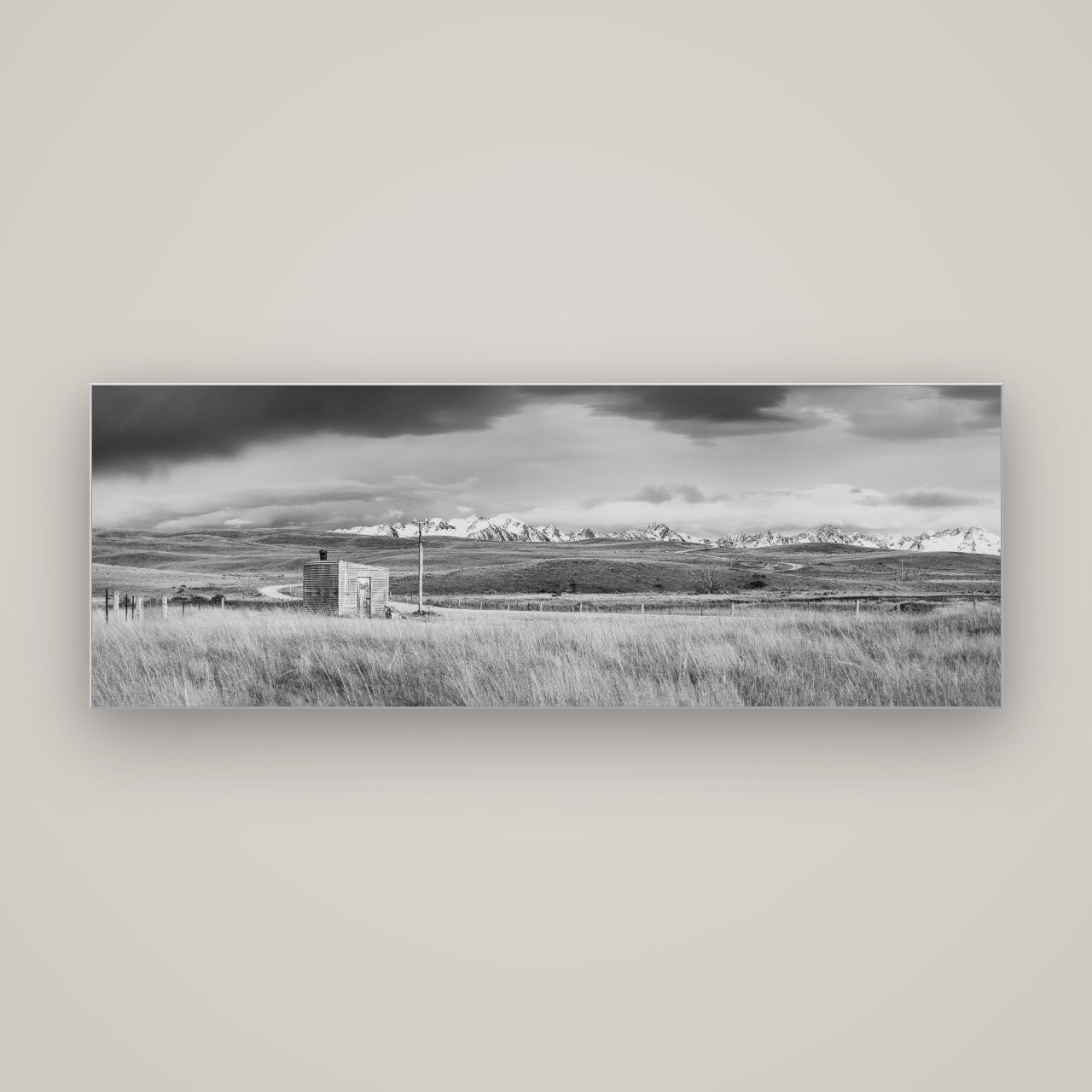 Mountain Retreat, Lake Tekapo — Slimline Silver, 170×60 cm. New Zealand fine art wall art by Stephen Milner.