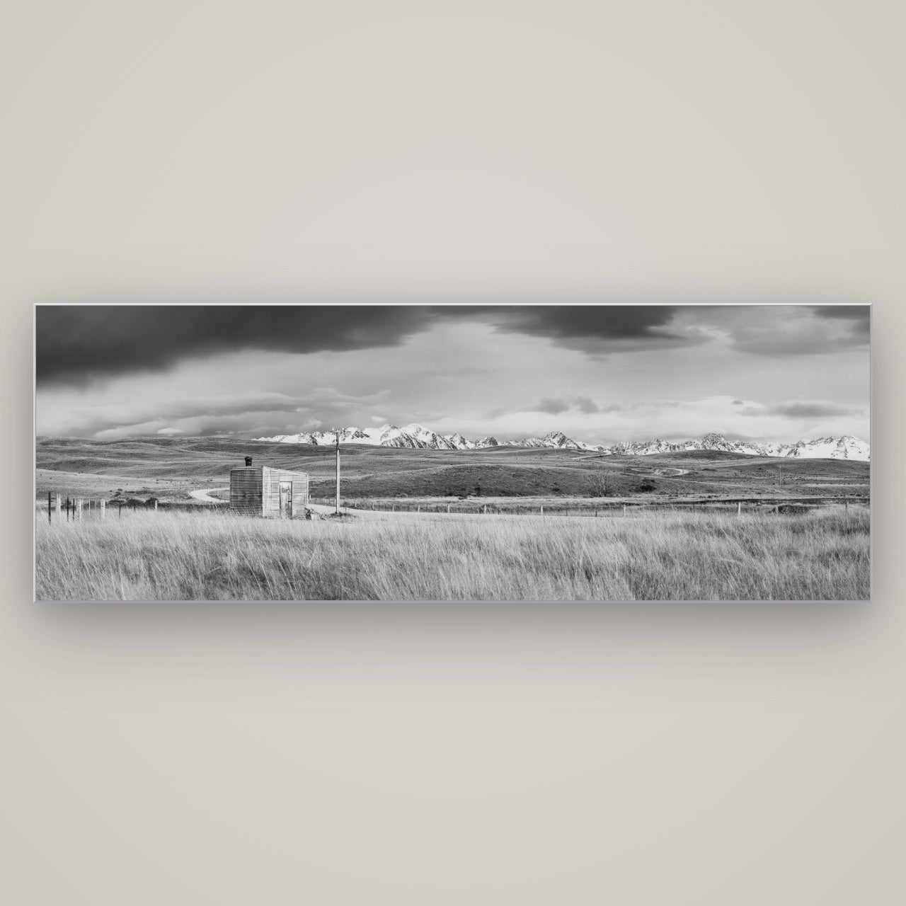 Mountain Retreat, Lake Tekapo — Slimline Silver, 198×70 cm. New Zealand fine art wall art by Stephen Milner.