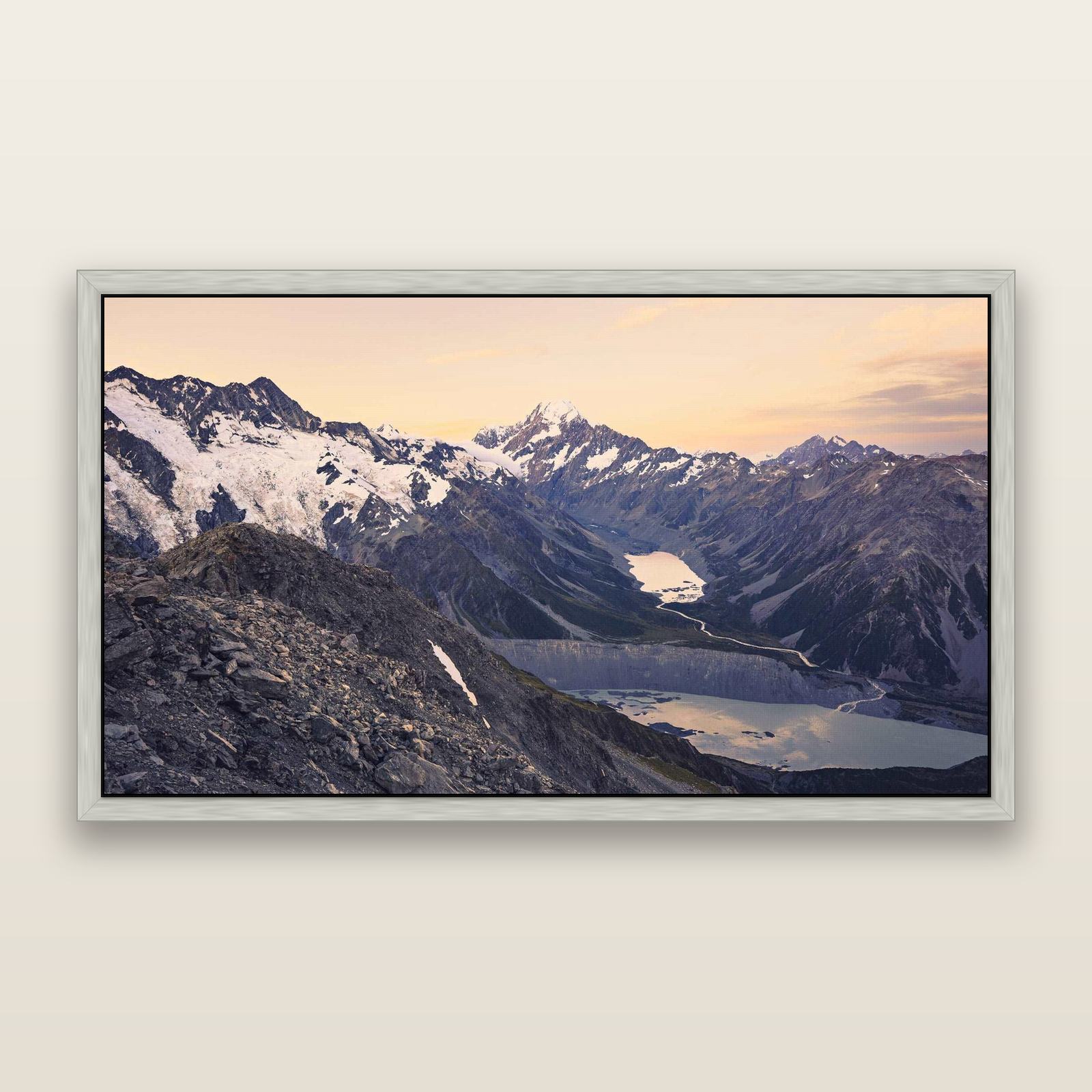 Mt. Cook Splendour, Mount Cook National Park — framed metallic canvas print, Antique Silver frame. New Zealand fine art landscape wall art by Stephen Milner.