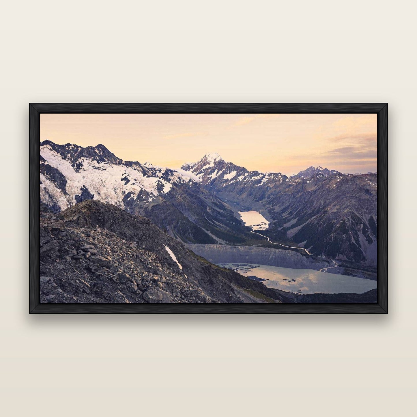 Mt. Cook Splendour, Mount Cook National Park — framed metallic canvas print, Black frame. New Zealand fine art landscape wall art by Stephen Milner.