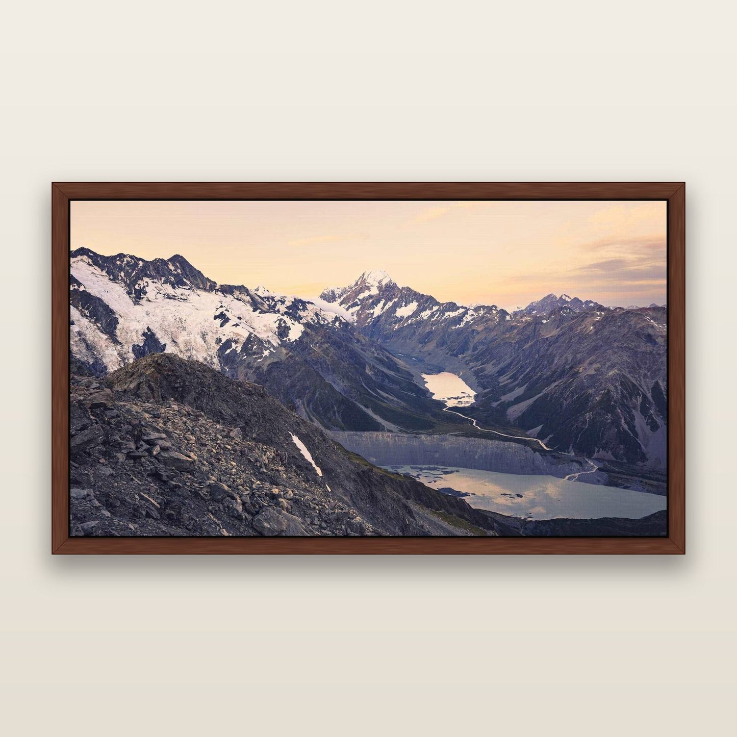 Mt. Cook Splendour, Mount Cook National Park — framed metallic canvas print, Brown frame. New Zealand fine art landscape wall art by Stephen Milner.