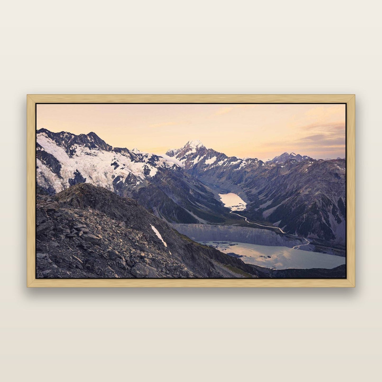 Mt. Cook Splendour, Mount Cook National Park — framed metallic canvas print, Natural frame. New Zealand fine art landscape wall art by Stephen Milner.