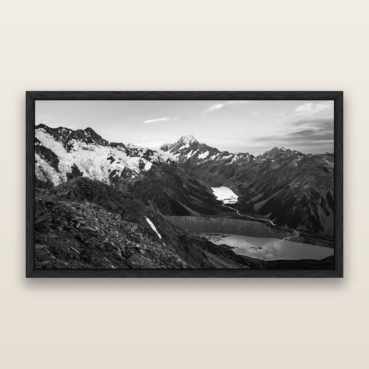 Mt. Cook Splendour, Mount Cook National Park, black and white framed metallic canvas print, Black frame. New Zealand fine art wall art by Stephen Milner.