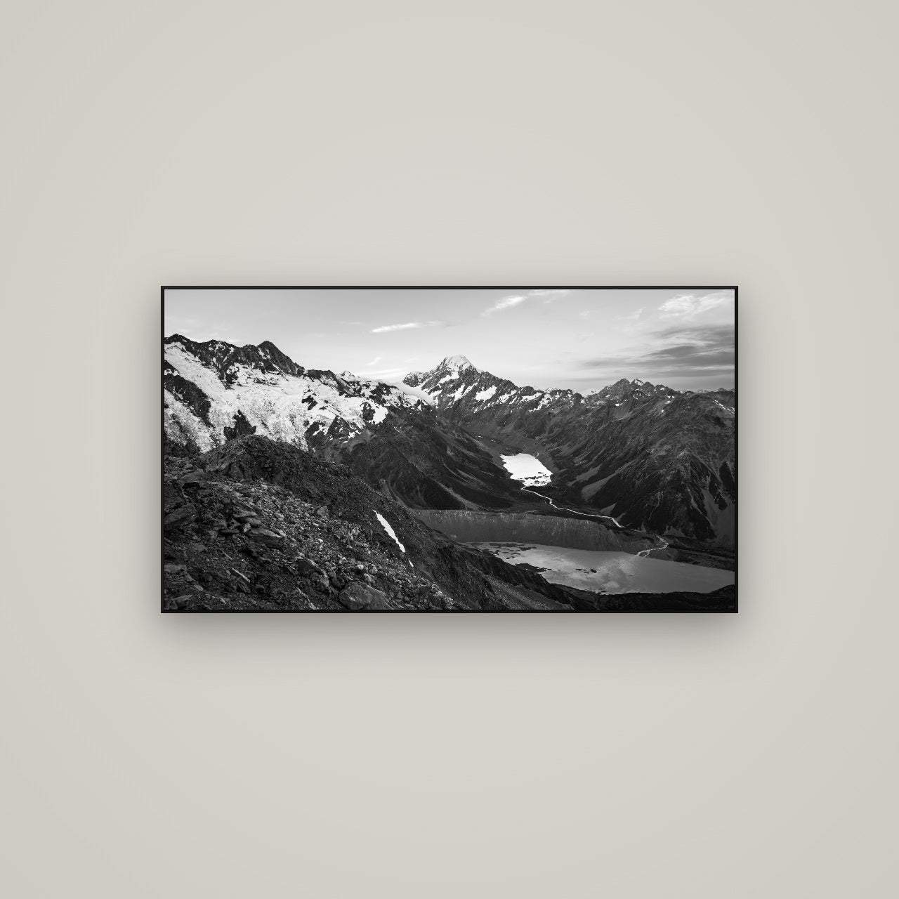 Mt. Cook Splendour, Mount Cook National Park — ArtBox Black, 107×60 cm. New Zealand fine art wall art by Stephen Milner.