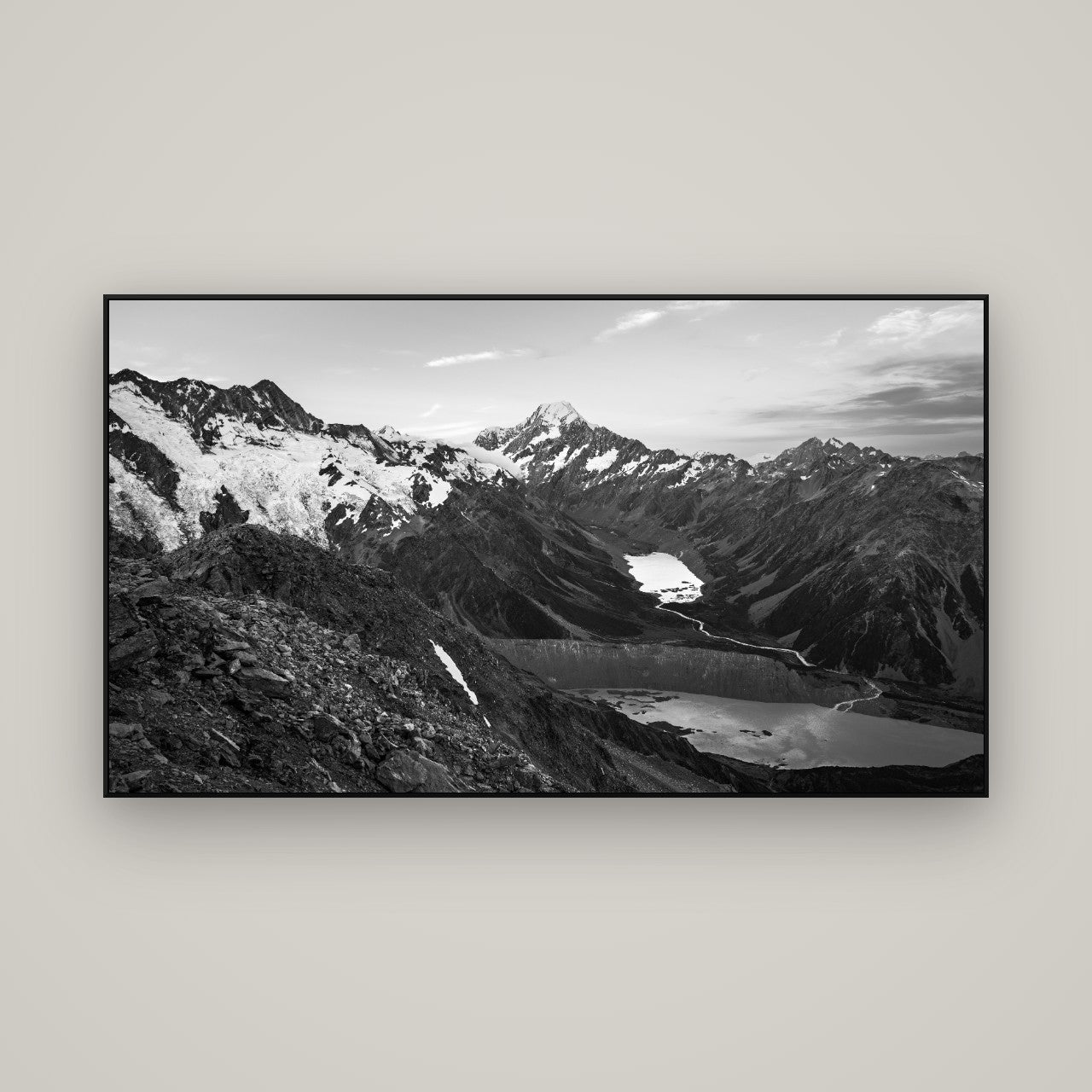 Mt. Cook Splendour, Mount Cook National Park — ArtBox Black, 160×90 cm. New Zealand fine art wall art by Stephen Milner.