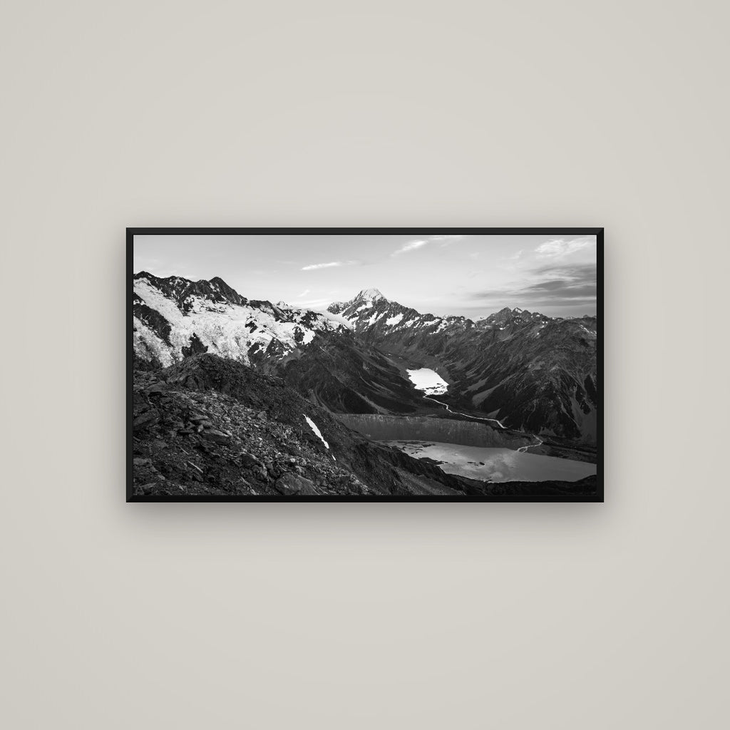 Mt. Cook Splendour, Mount Cook National Park — Basel Black Matte, 107×60 cm. New Zealand fine art wall art by Stephen Milner.