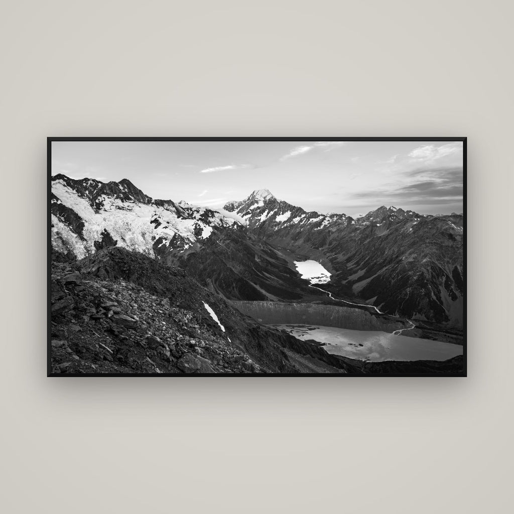 Mt. Cook Splendour, Mount Cook National Park — Basel Black Matte, 160×90 cm. New Zealand fine art wall art by Stephen Milner.
