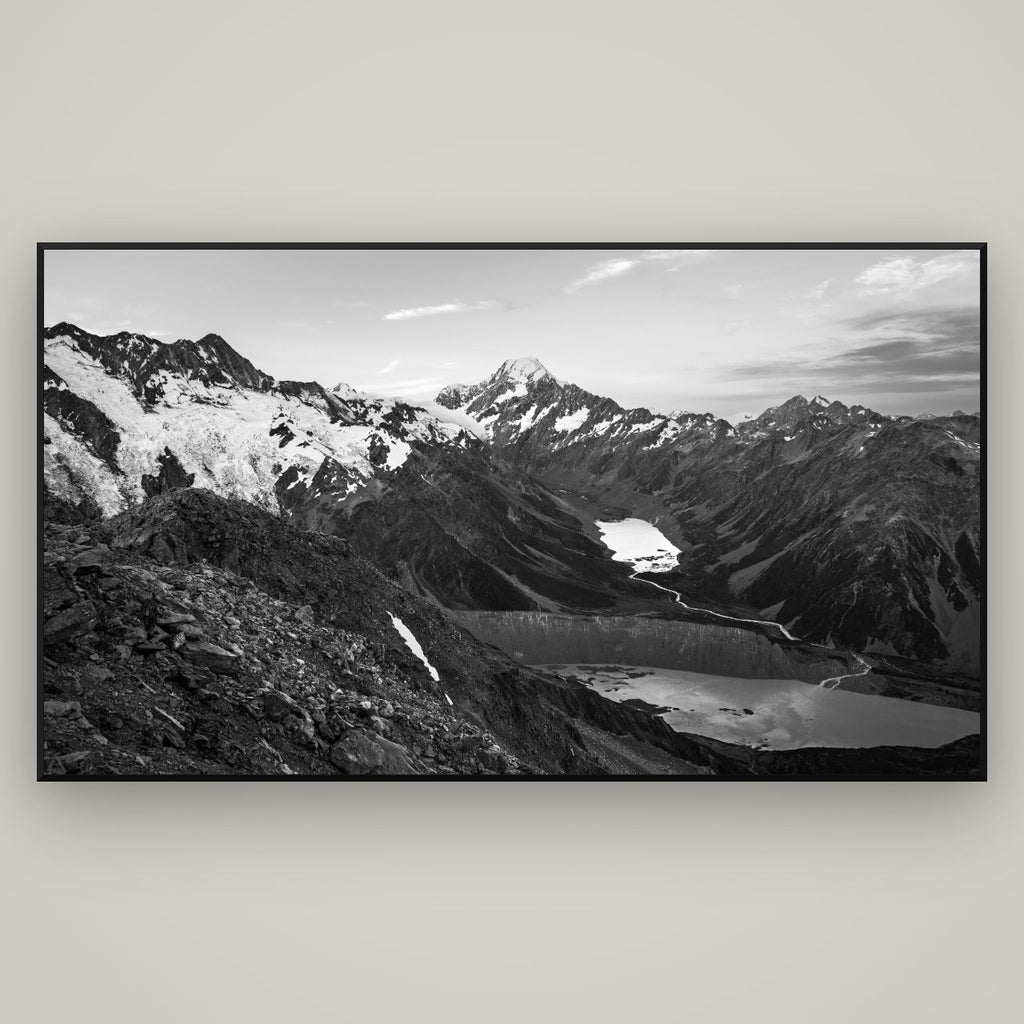 Mt. Cook Splendour, Mount Cook National Park — Basel Black Matte, 196×110 cm. New Zealand fine art wall art by Stephen Milner.