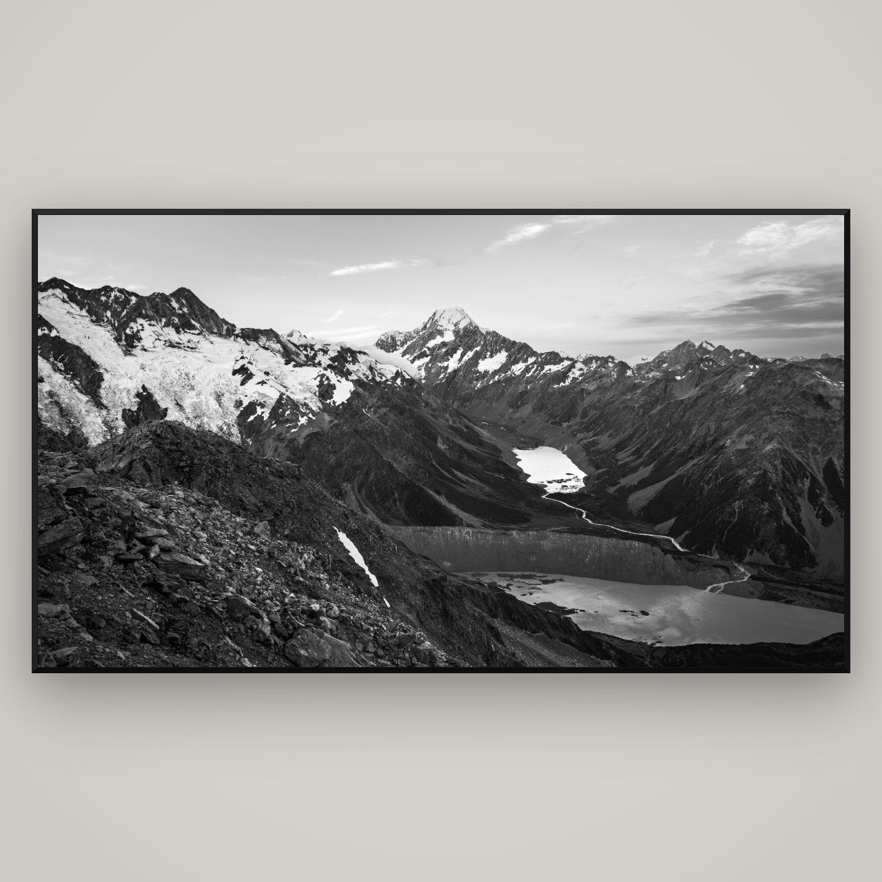 Mt. Cook Splendour, Mount Cook National Park — Basel Black, 196×110 cm. New Zealand fine art wall art by Stephen Milner.