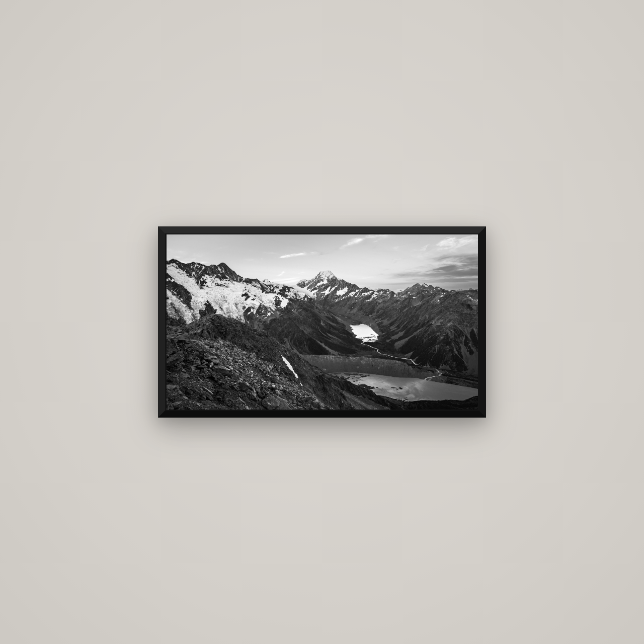 Mt. Cook Splendour, Mount Cook National Park — Basel Black Matte, 64×36 cm. New Zealand fine art wall art by Stephen Milner.