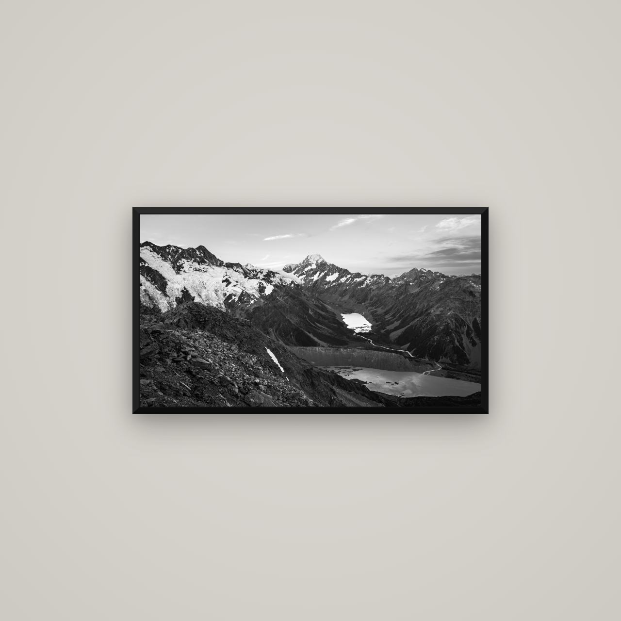 Mt. Cook Splendour, Mount Cook National Park — Basel Black Matte, 80×45 cm. New Zealand fine art wall art by Stephen Milner.