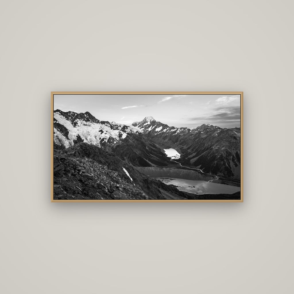 Mt. Cook Splendour, Mount Cook National Park, Basel Natural Oak, 107×60 cm. New Zealand fine art wall art by Stephen Milner.