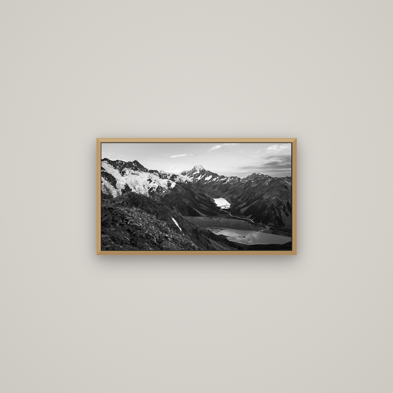 Mt. Cook Splendour, Mount Cook National Park, Basel Natural Oak, 64×36 cm. New Zealand fine art wall art by Stephen Milner.
