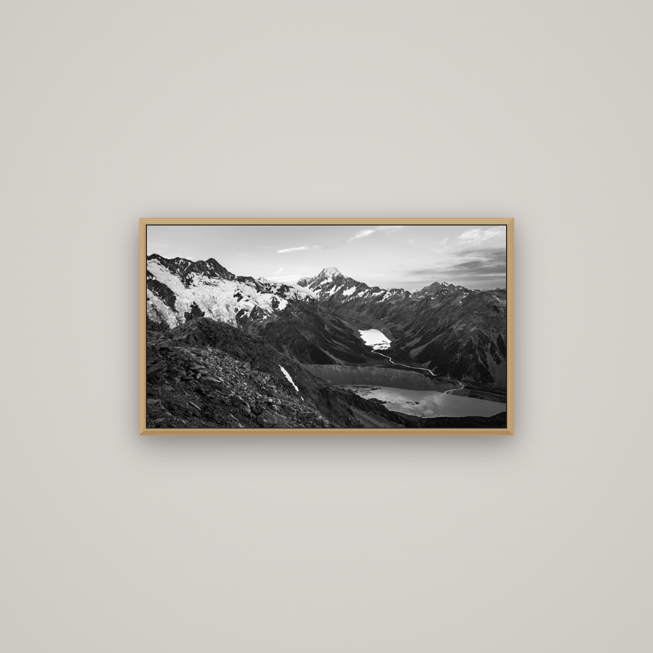 Mt. Cook Splendour, Mount Cook National Park, Basel Natural Oak, 80×45 cm. New Zealand fine art wall art by Stephen Milner.