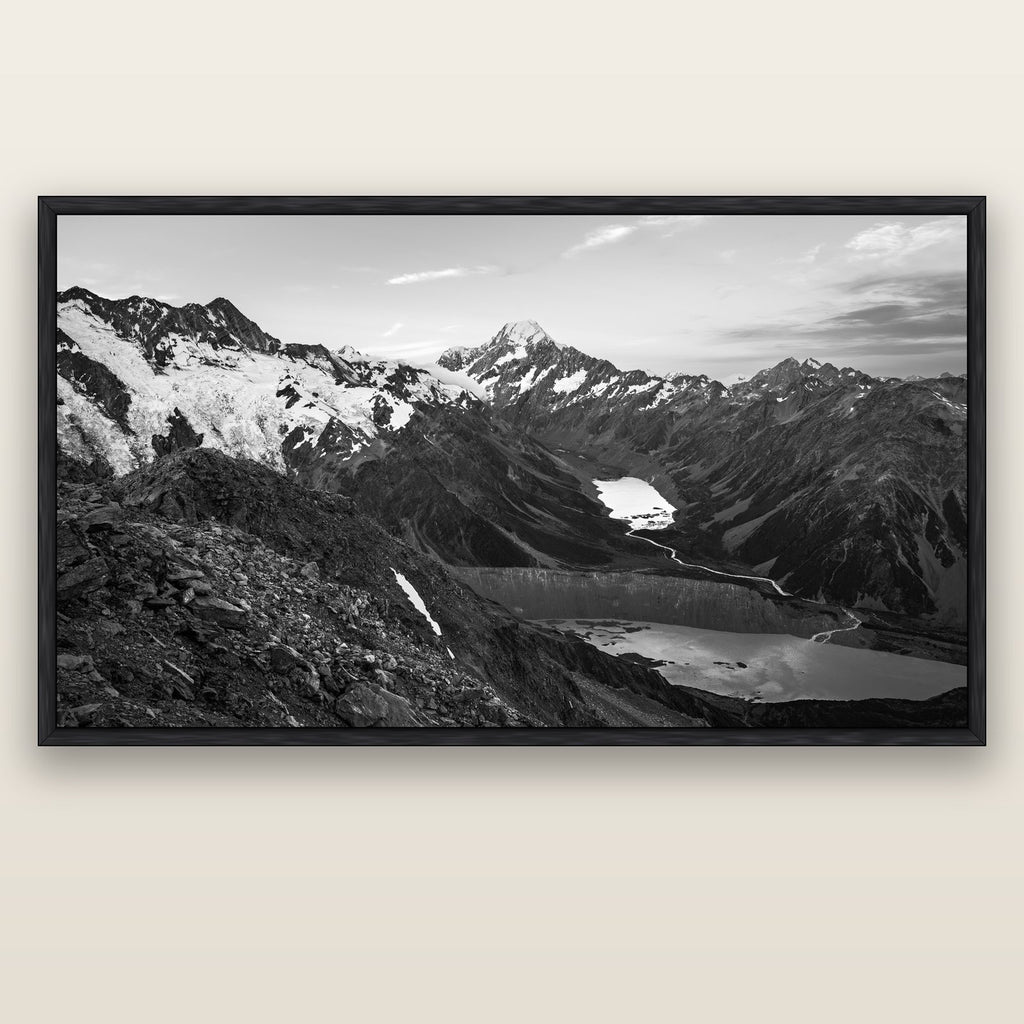 Mt. Cook Splendour, Mount Cook National Park — black float frame canvas, 200 × 130 cm. New Zealand fine art landscape wall art by Stephen Milner.