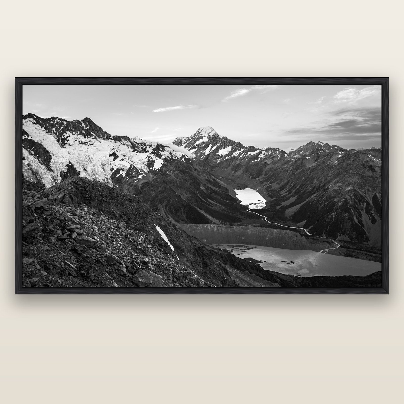 Mt. Cook Splendour, Mount Cook National Park — black float frame canvas, 200 × 130 cm. New Zealand fine art landscape wall art by Stephen Milner.