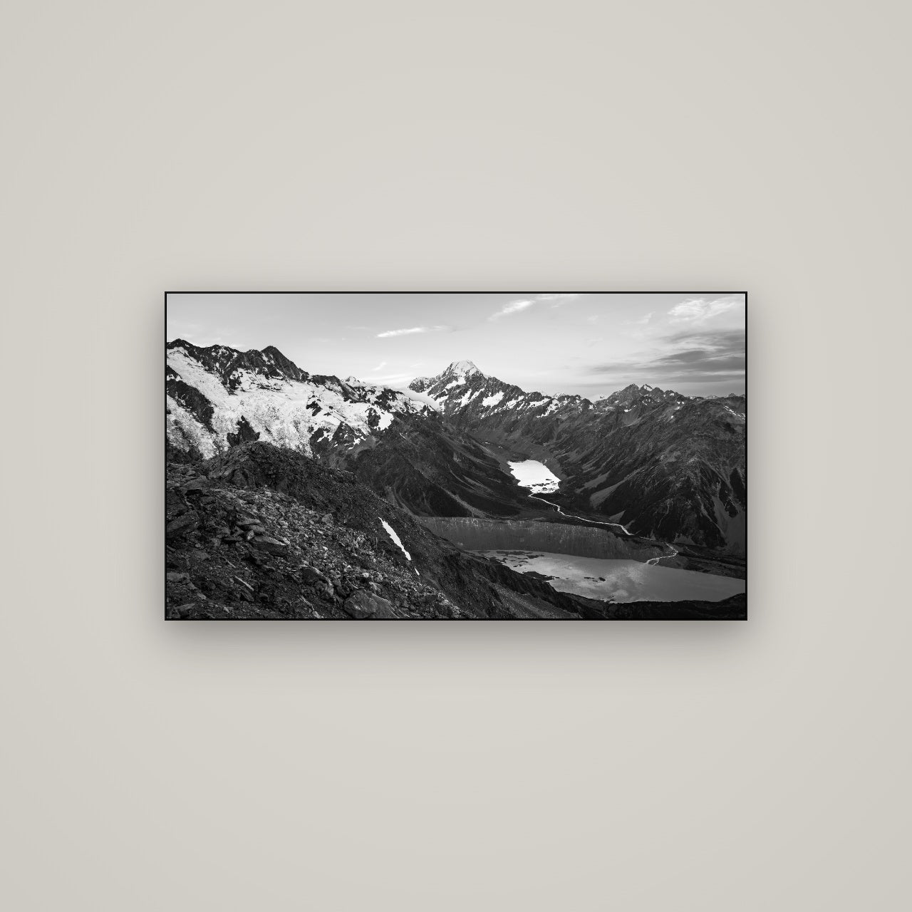 Mt. Cook Splendour, Mount Cook National Park — Slimline Black, 107×60 cm. New Zealand fine art wall art by Stephen Milner.