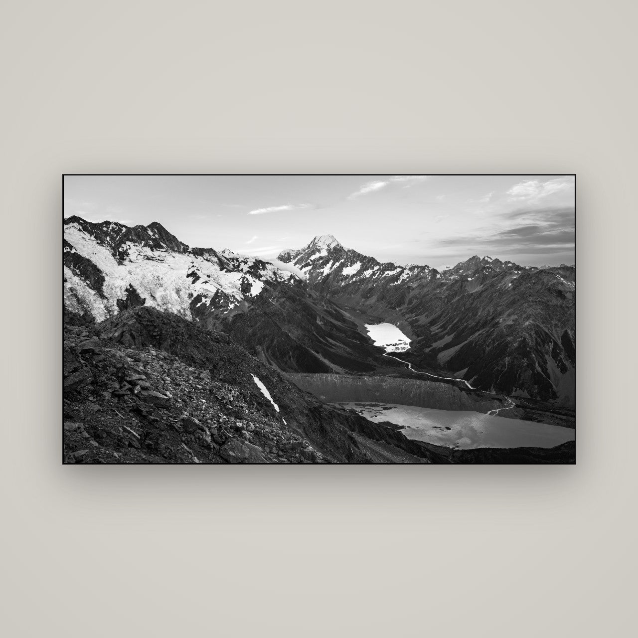Mt. Cook Splendour, Mount Cook National Park — Slimline Black, 160×90 cm. New Zealand fine art wall art by Stephen Milner.